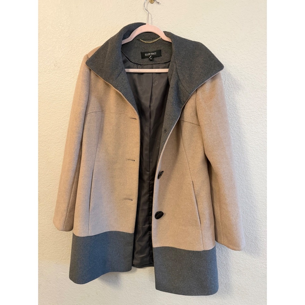 Ellen Tracy Wool Blend Colorblock Coat Oatmeal Grey Size M 88CMJ360